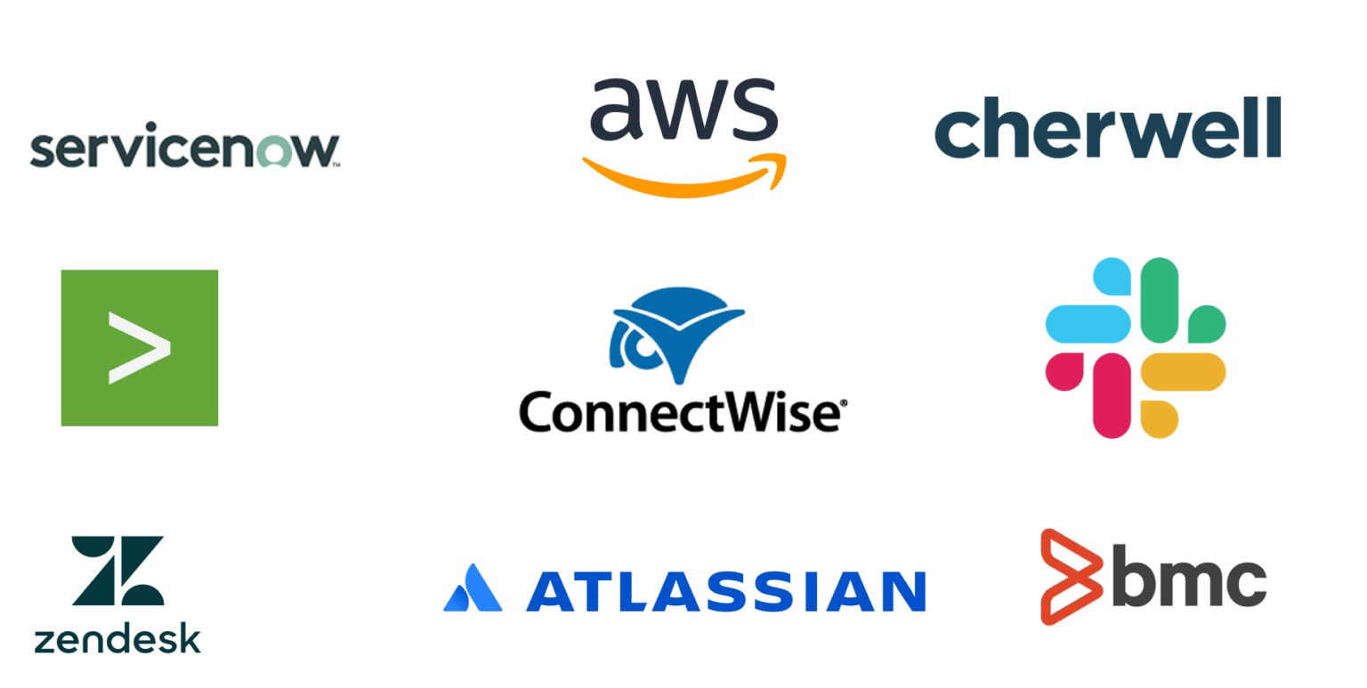ServiceNow, AWS, Cherwell, ConnectWise, ZenDesk, Atlassian, BMC